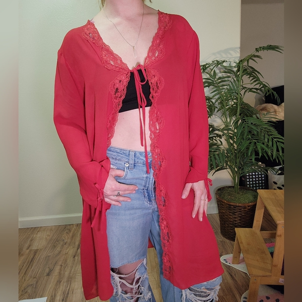 Bed Of Roses Vintage Red Lace Trim Lingerie Robe